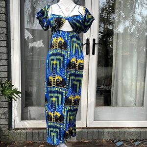 Anthropologie Vibrant Blue and Yellow Maxi Dress